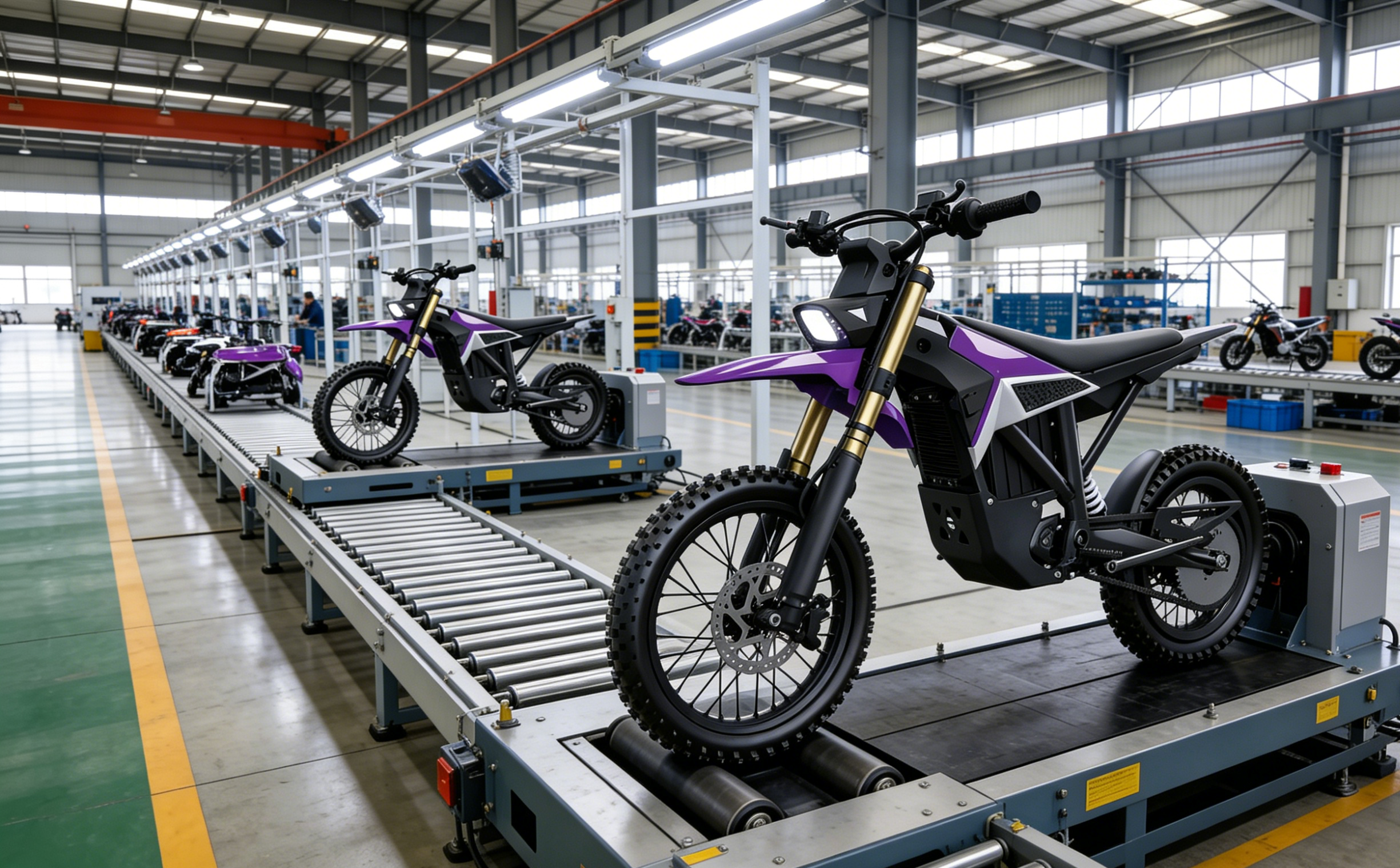 Comoze electric dirt bikes on a factory production and inspection line