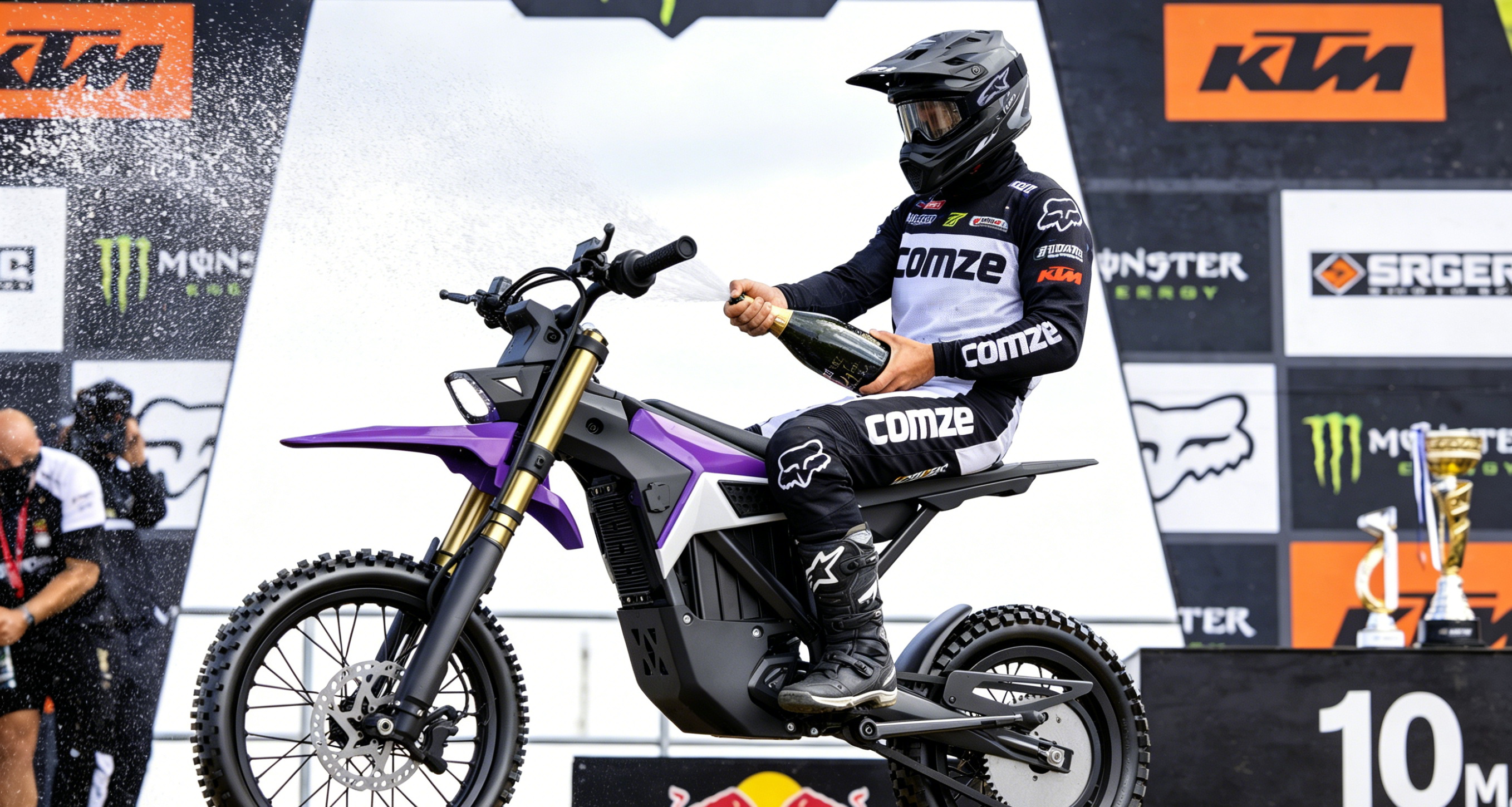 Comoze sponsored rider celebrating on a race podium