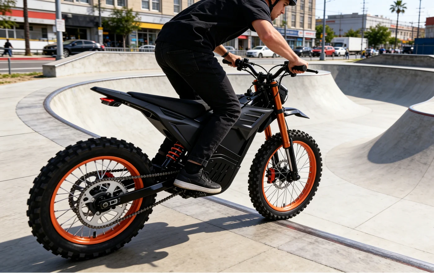 Comoze K2 electric off-road motorcycle in an urban skate park