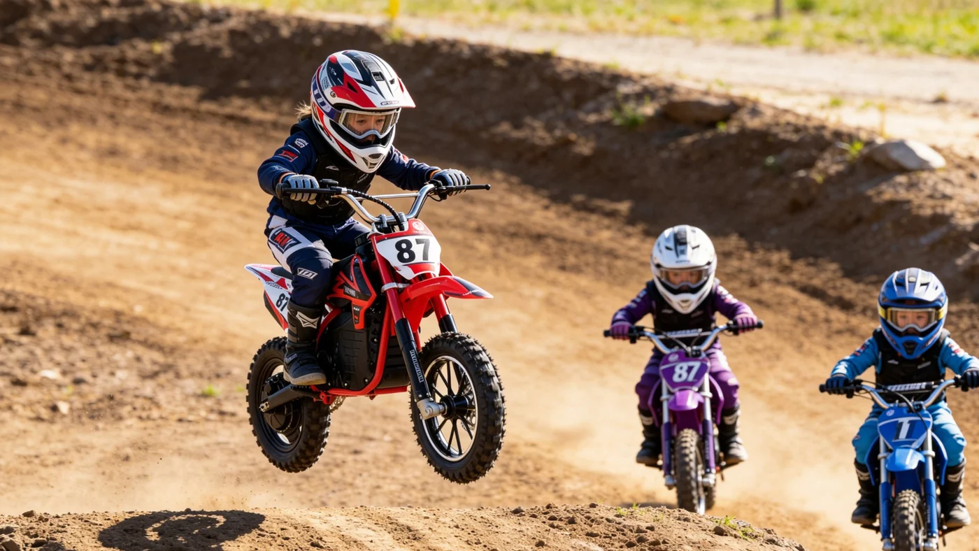 Children riding Comoze youth electric dirt bikes